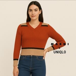 Uniqlo x Marni ORANGE Colorblock popcorn Knit Sweater Sz M Cropped Retro V-Neck
